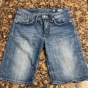 Miss Me Faded Blue Denim Bermuda Shorts with Contrast Stitching